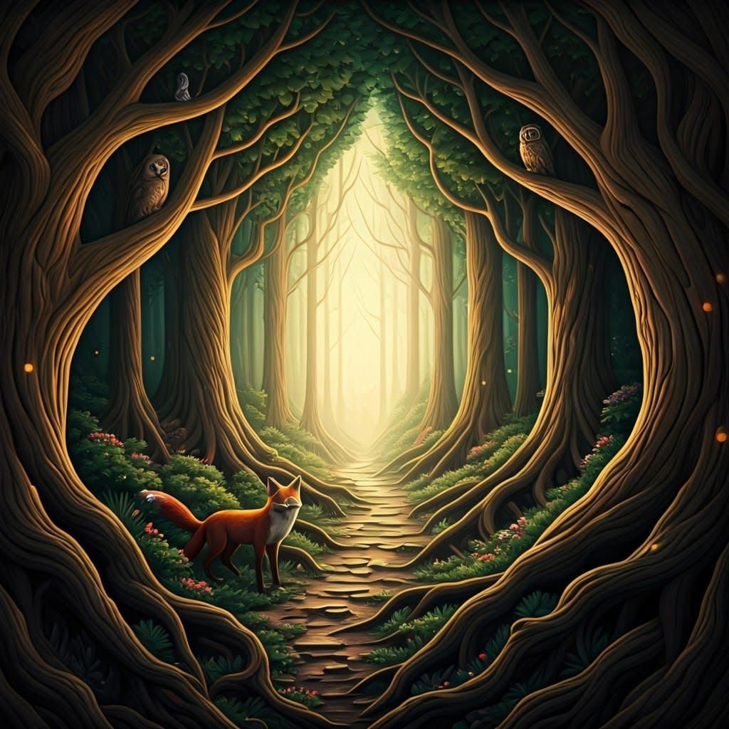 Mystical Forest Relief with Animals and Glowing Trees
