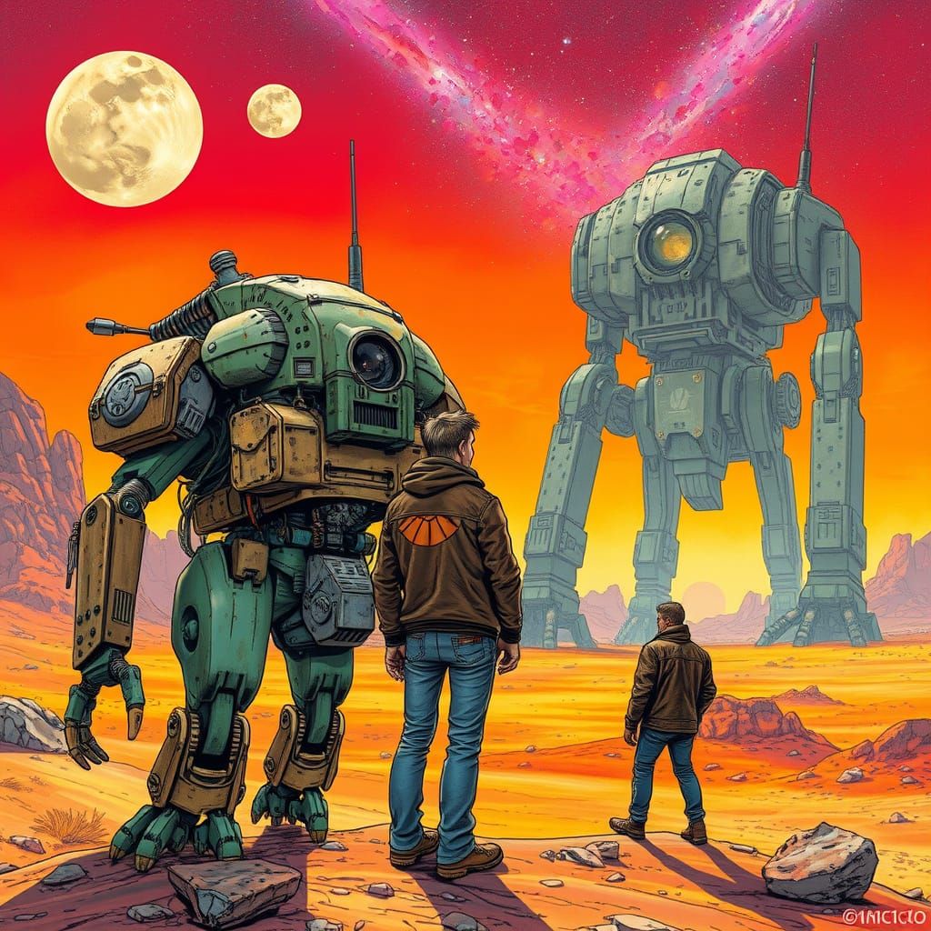 Neon Alien Desert Mech and Pilot