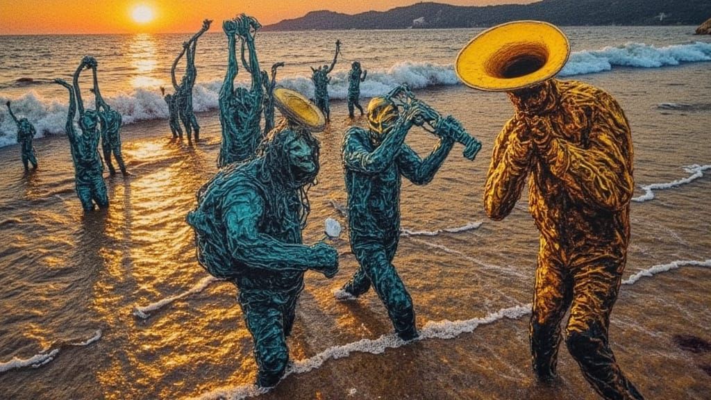 Surreal Zombie Orchestra Coming Ashore at Sunset