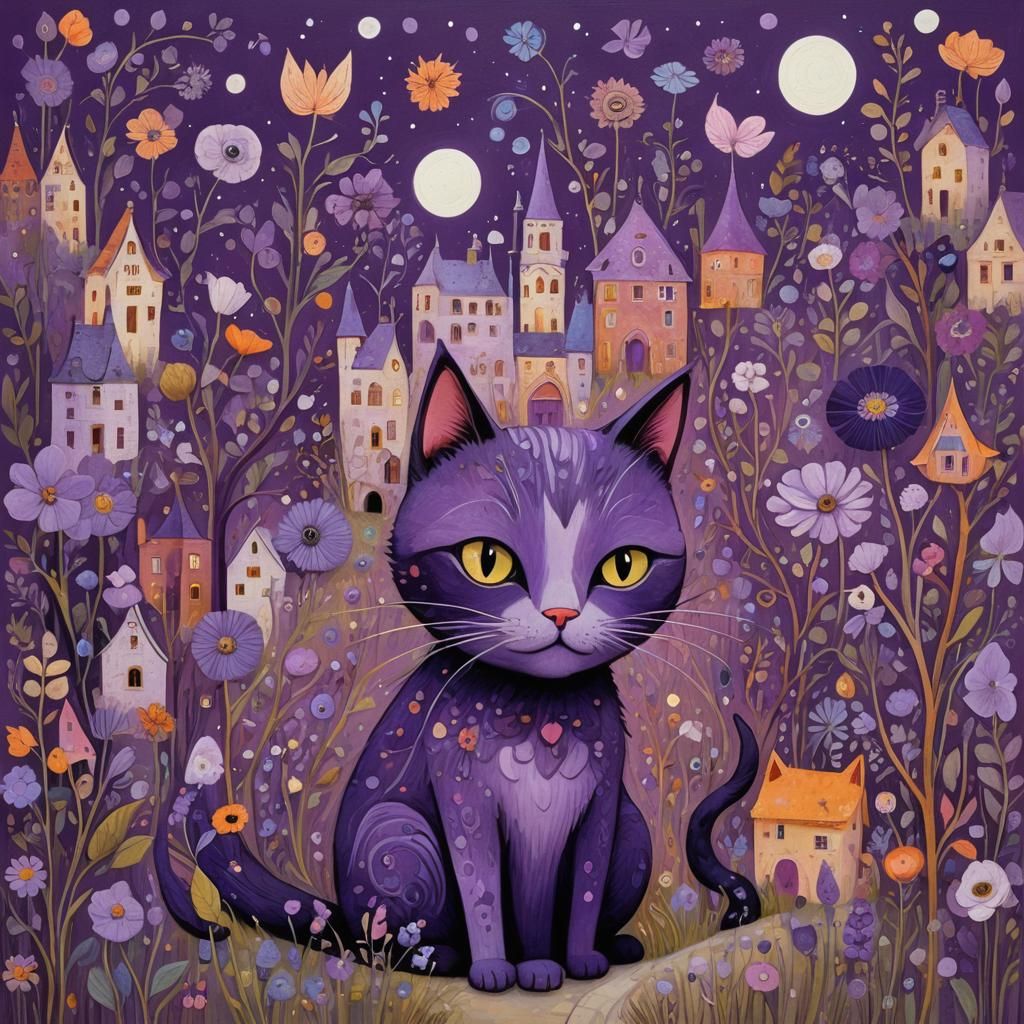 Majestic Purple Cat in Mixed Media Style