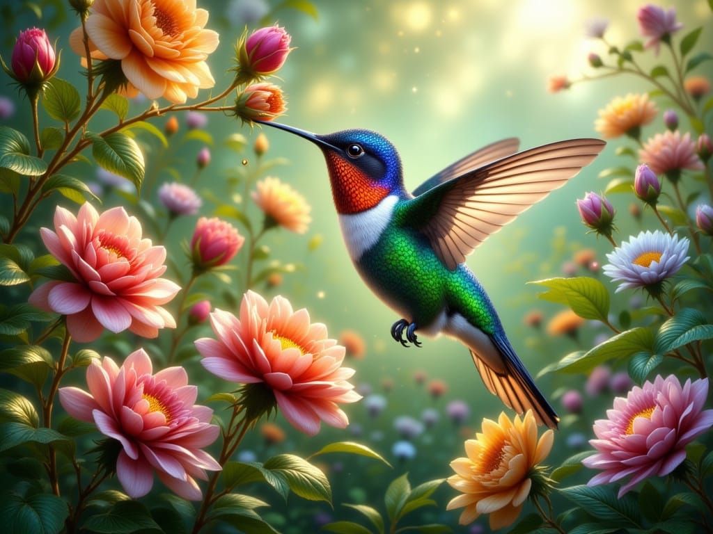 Vibrant Hummingbird in a Blooming Paradise