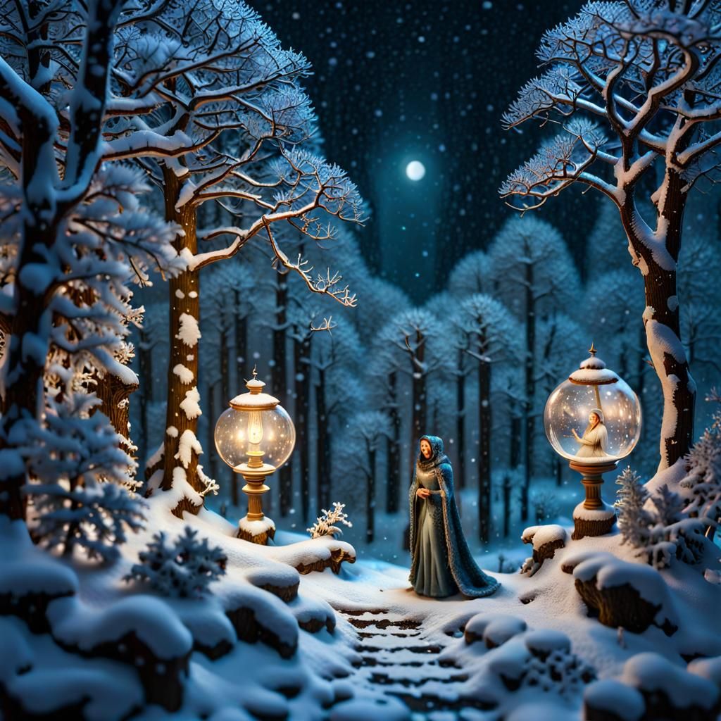 Miniature Snowfall Scene with Luminous Lighting