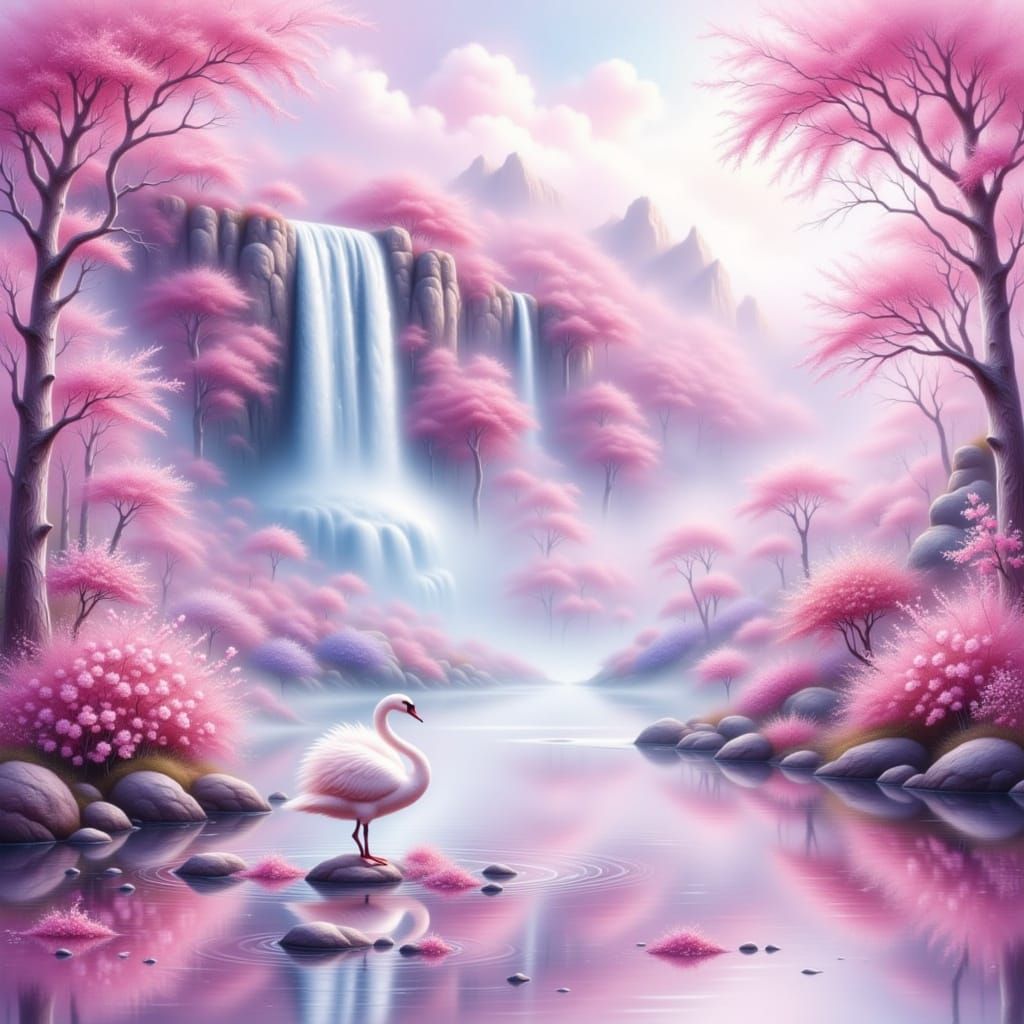 Misty Pink Glittery Waterfall and Swan in Folk Art Style