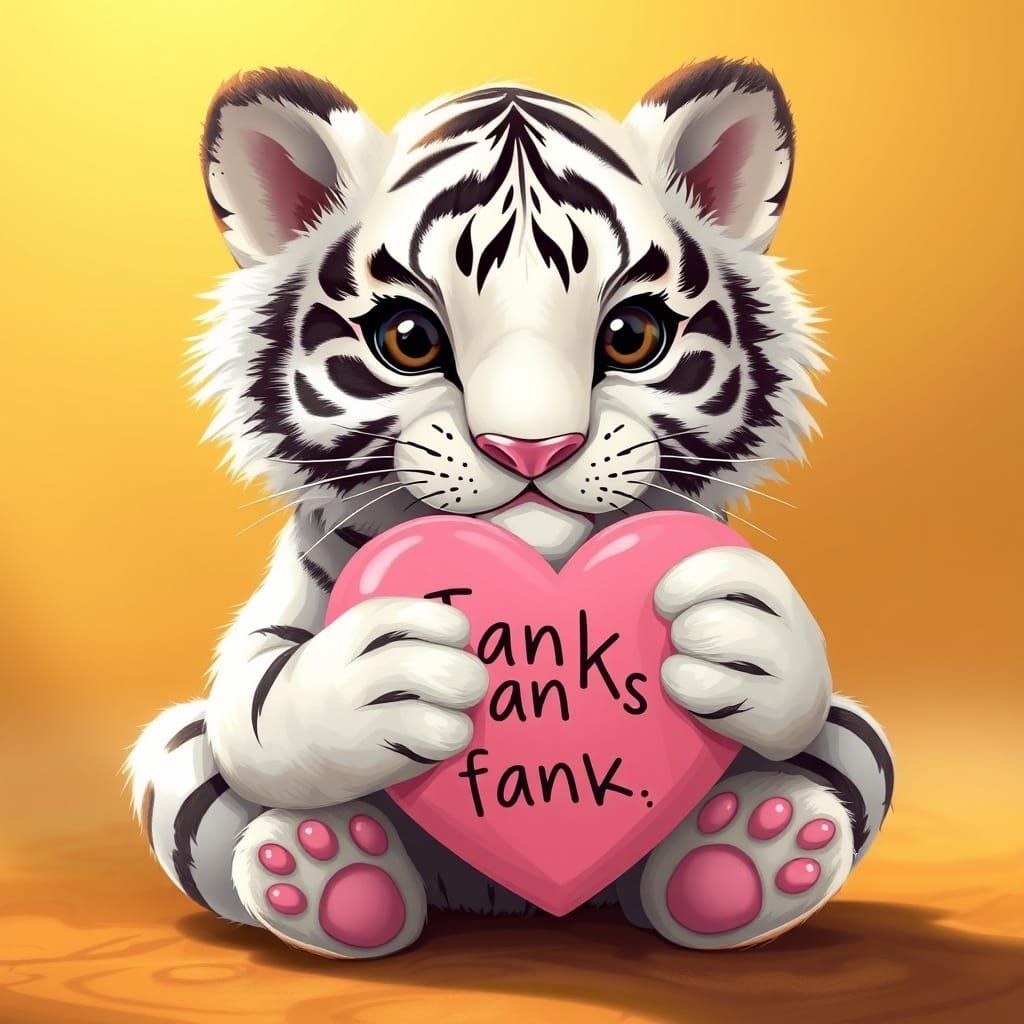 Adorable White Tiger Cub Holds Pink Heart Sign