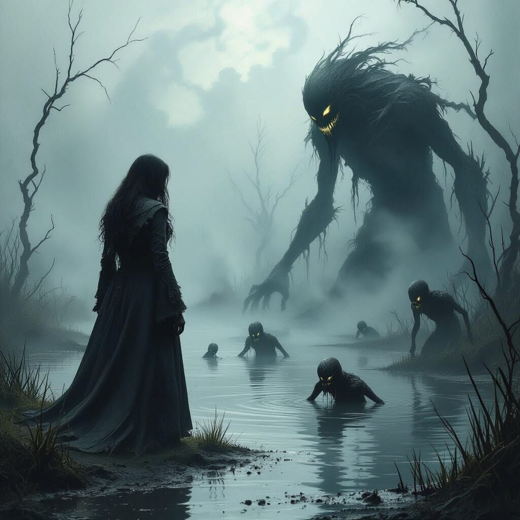 Eerie Swamp Scene with Mysterious Woman and Gnarled Creature...