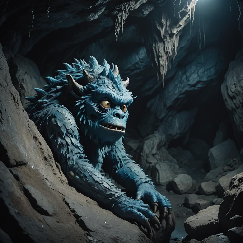 Blue Monster with Sad Face in Dim Cave