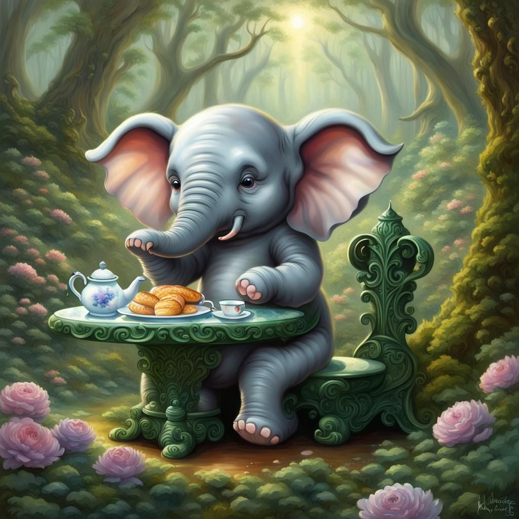 Cute Elephant's Forest Breakfast in Ethereal Style