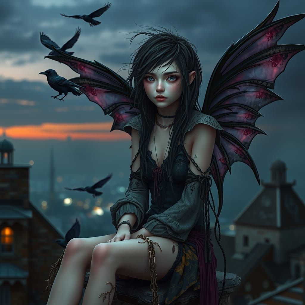Dystopian Fairy with Ravens in Art Nouveau Style