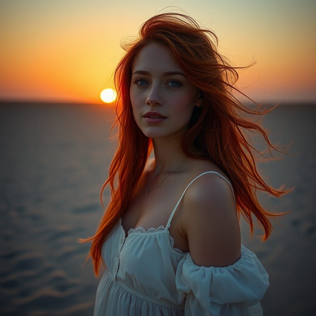 Redhead on a Deserted Beach at Dusk