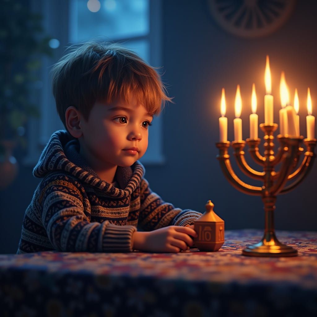 Mesmerized Boy in Front of Vibrant Hanukkah Menorah