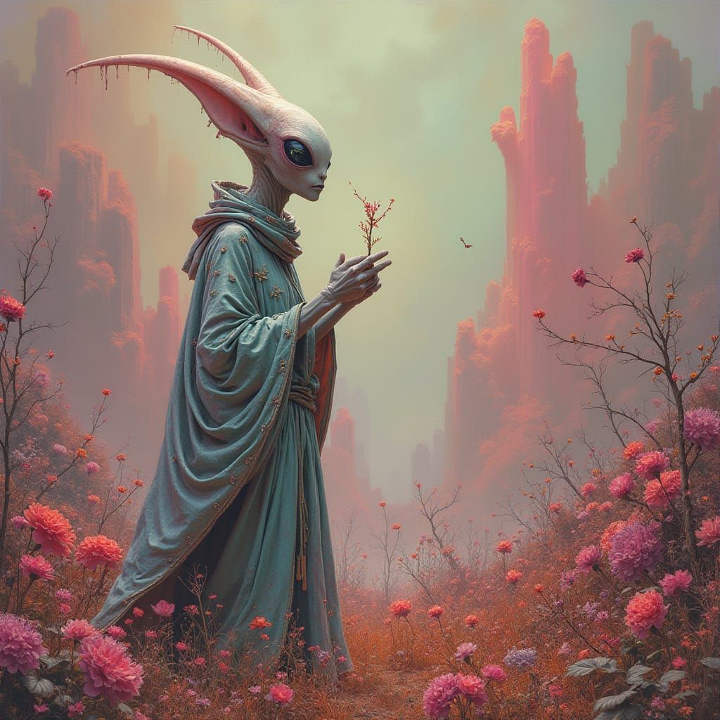 Alien Explorer in a Vibrant, Dreamlike Realm