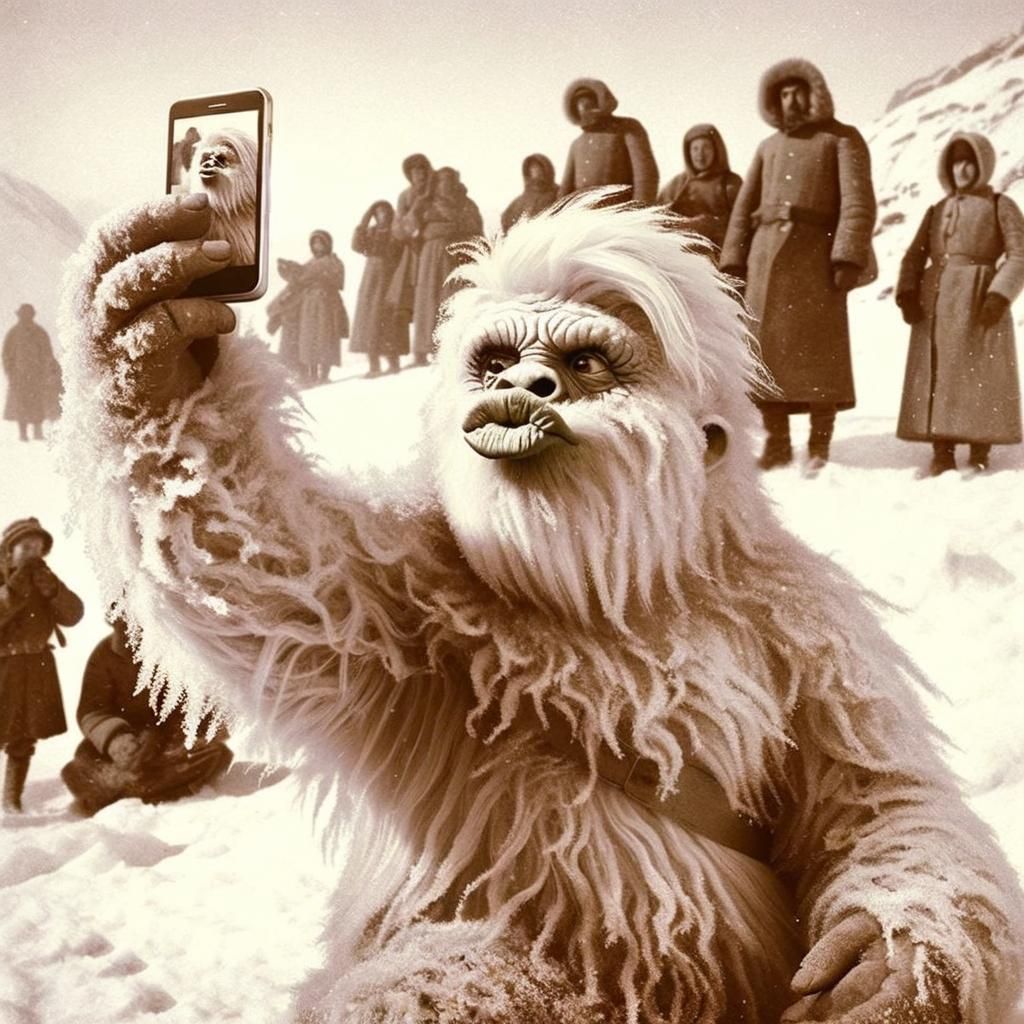 Yeti Selfie in Sepia-Toned Snowy Mountains