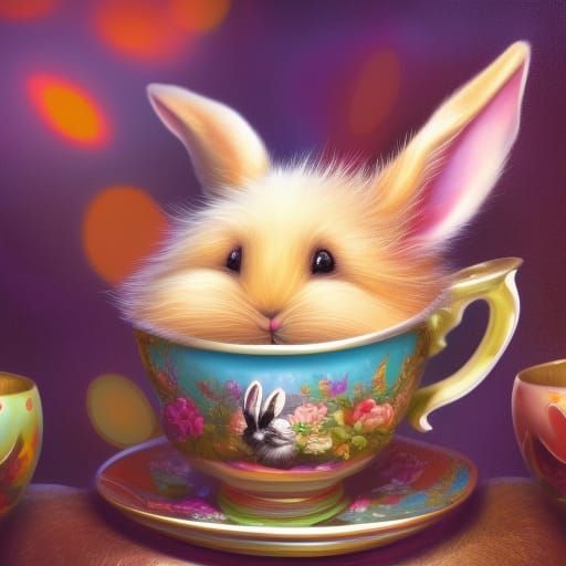 Colorful Bunny Portrait in Teacup Art
