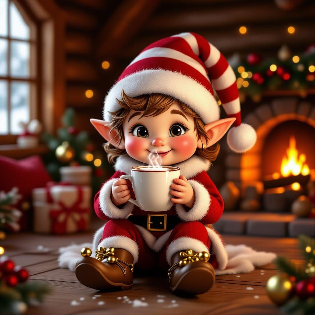 Whimsical Elf Drinking Cocoa in Cozy Cabin