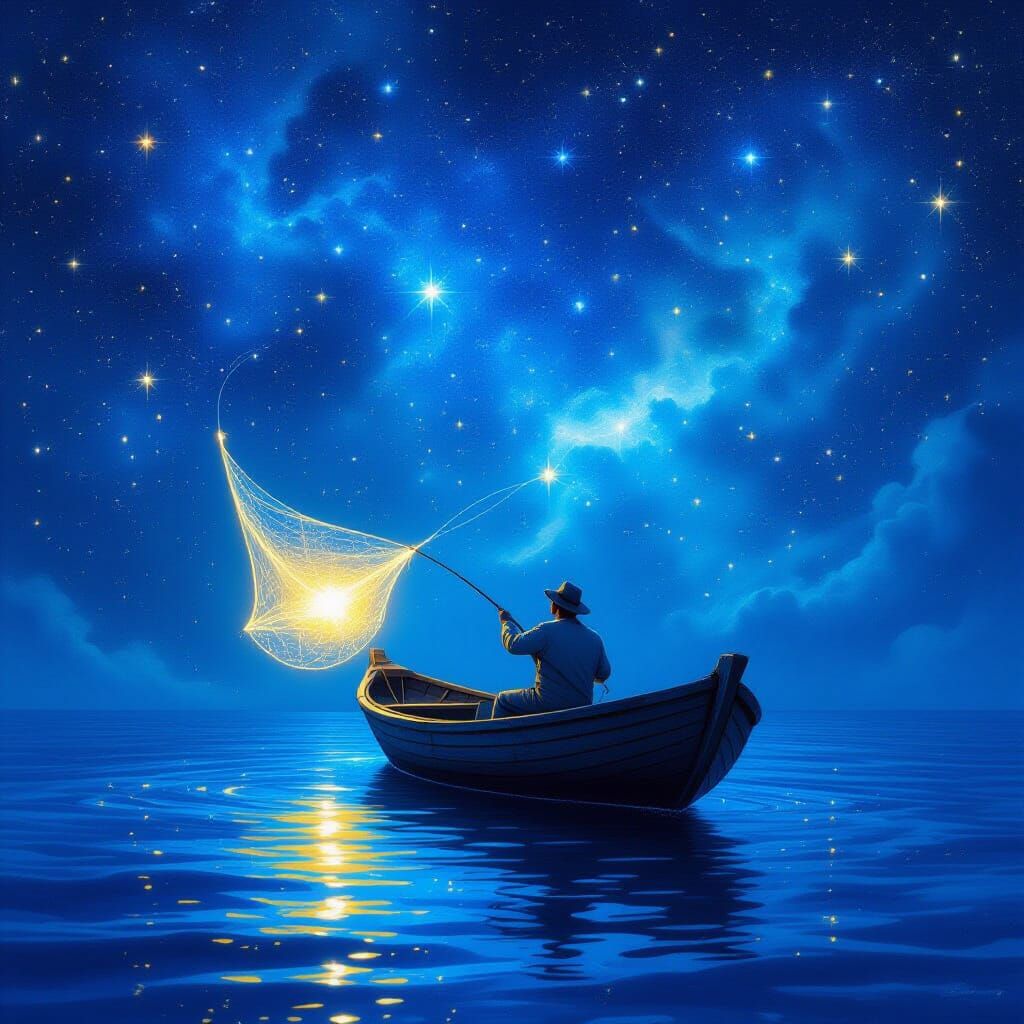 Fisherman Casting Glowing Net into Star Nebula