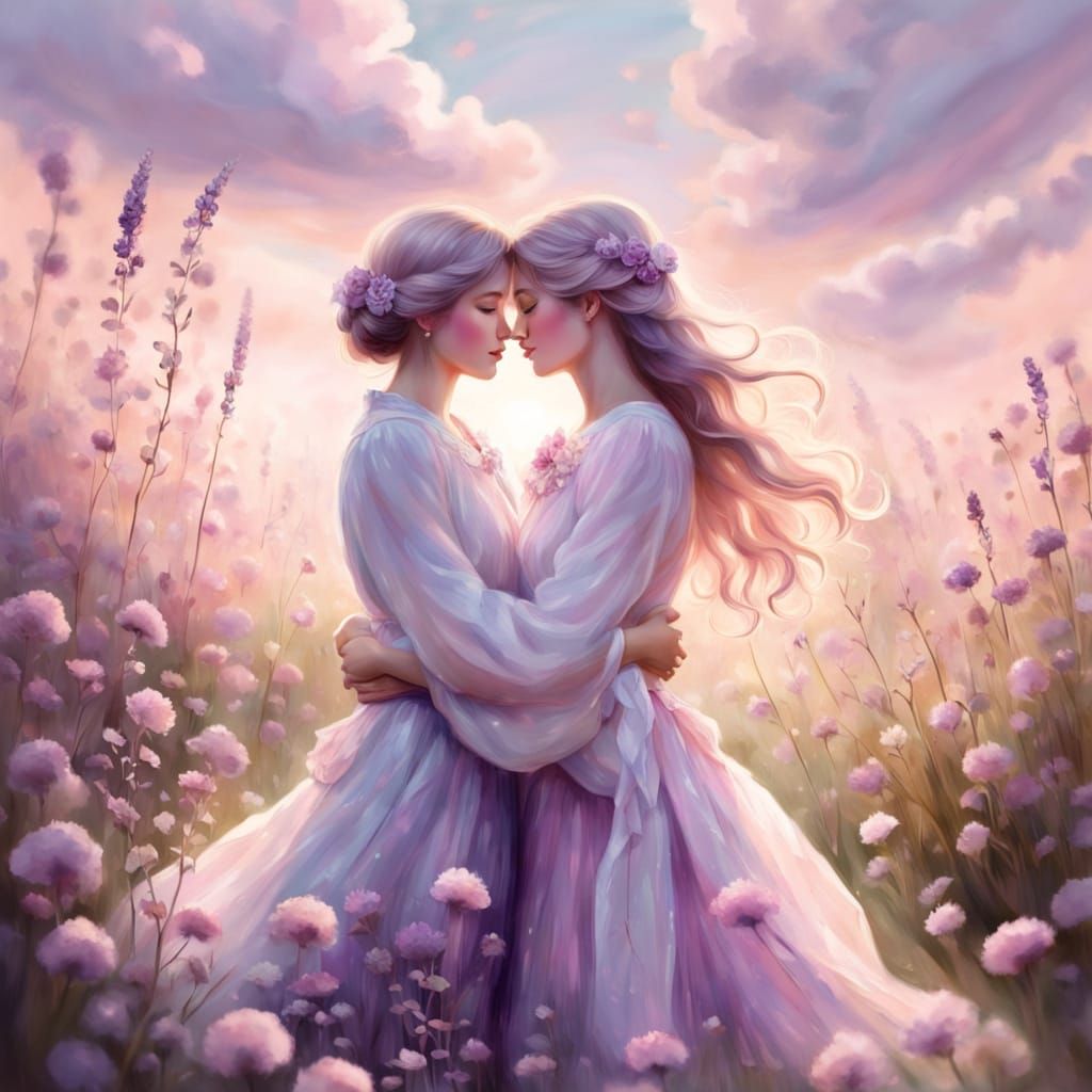 Soft Focus Impressionist Painting of Two Women in a Green Me...