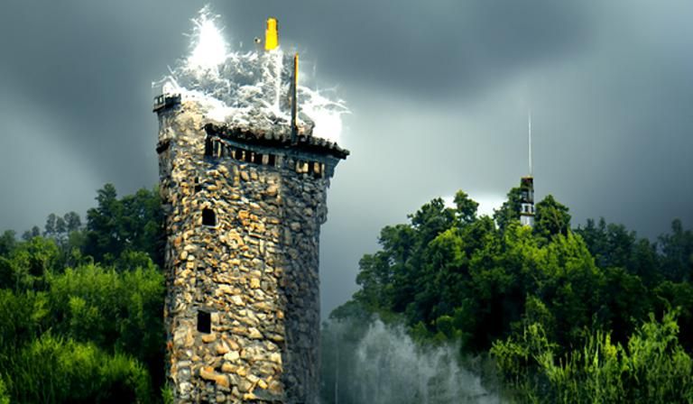 Dramatic Tower Struck by Lightning in Stormy Landscape