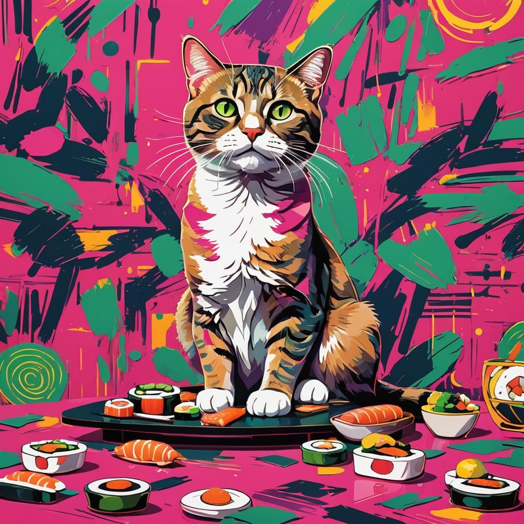 Pop Art Cat at Sushi Table in Bold Colors