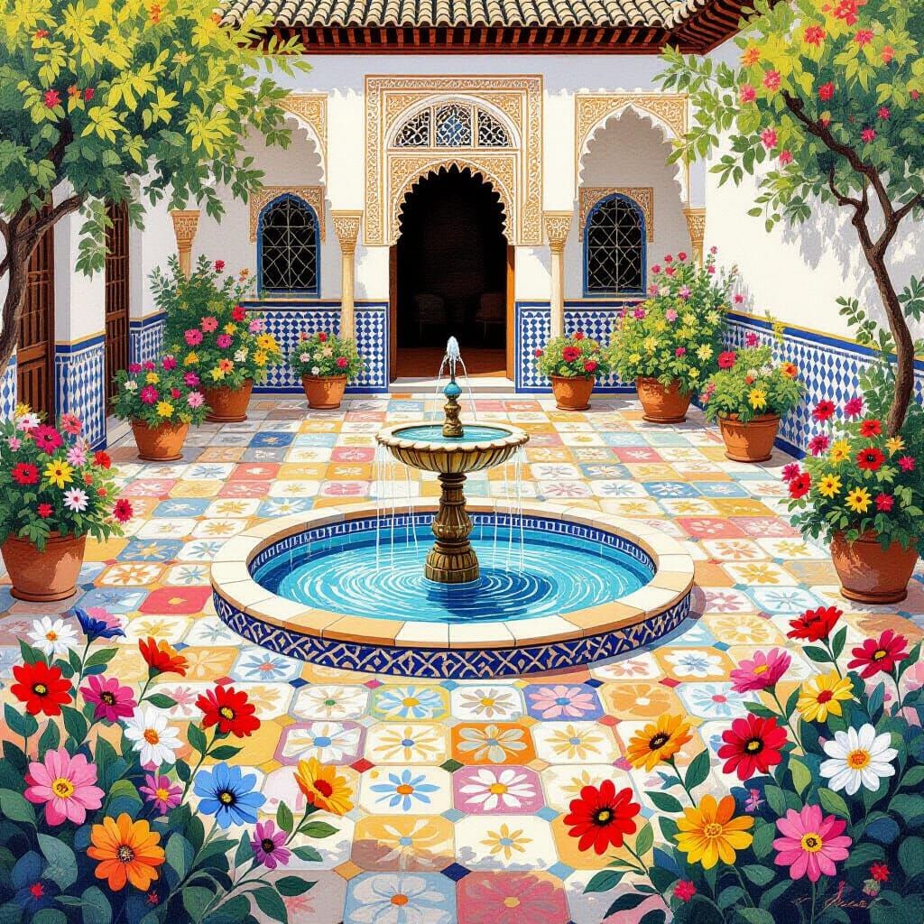Colorful Crochet Flowers on Spanish Patio in Naive Art