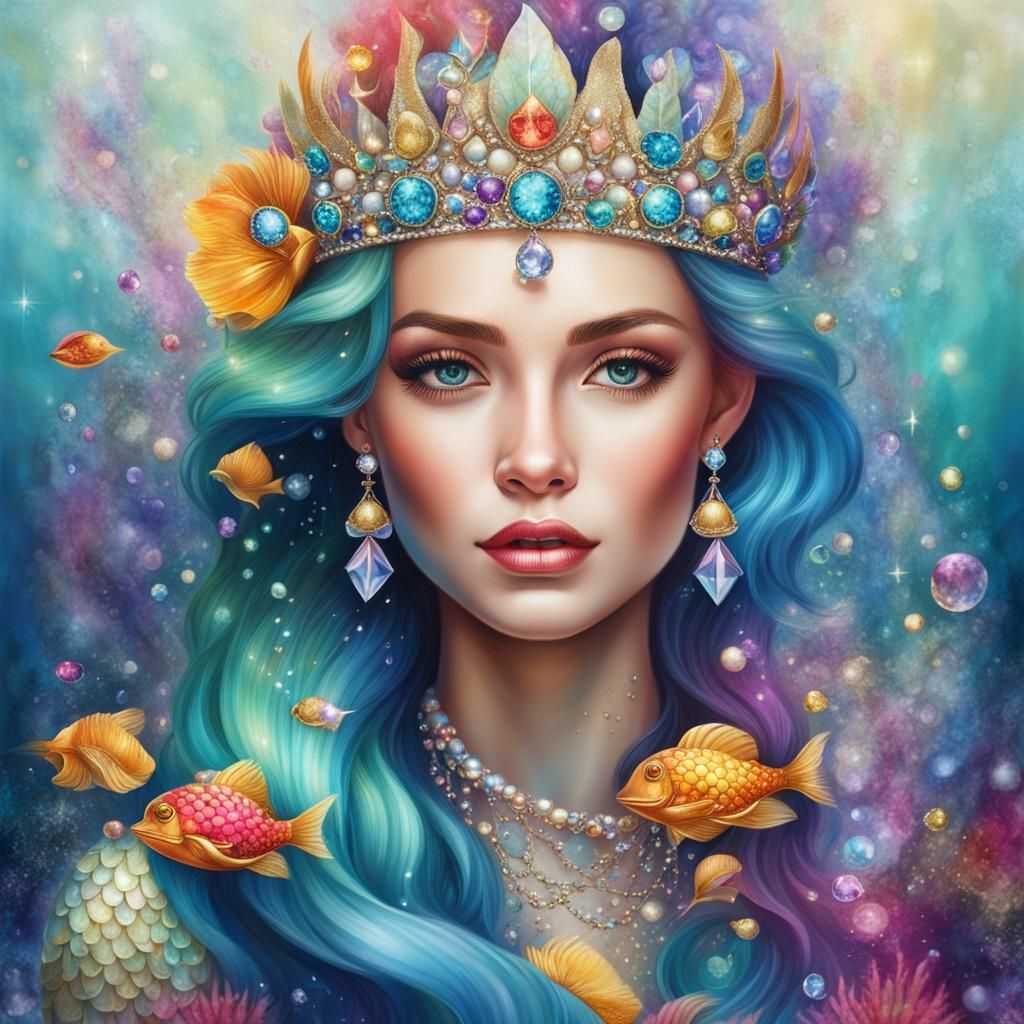 Elegant Mermaid Queen with Crown and Jewels