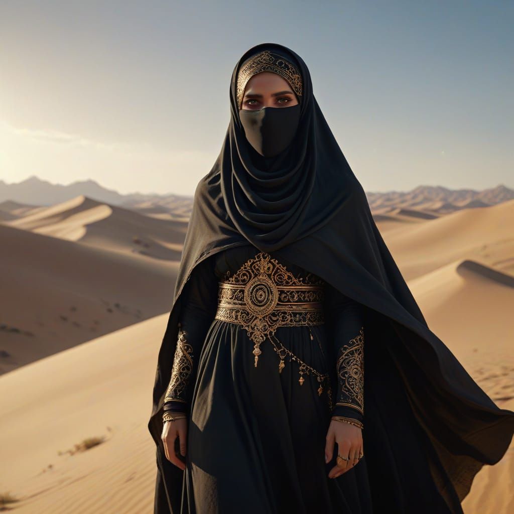 Striking Afghan Woman in Windswept Desert