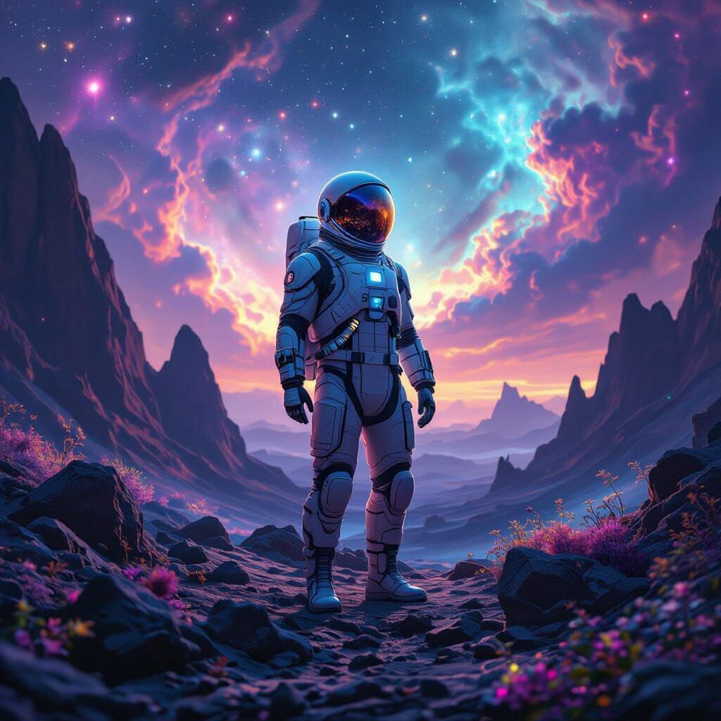 Astronaut on Alien World Amidst Cosmic Spectacle