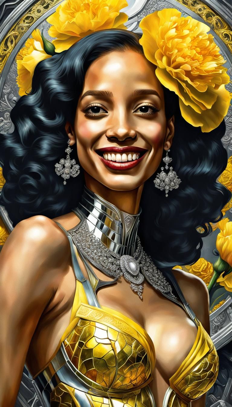 Metal Goddess with Yellow Carnation in Patchwork Art