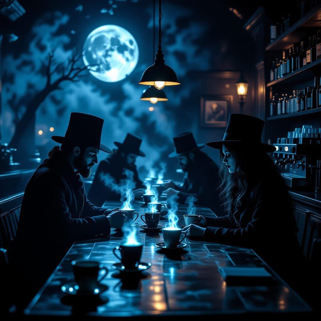 Gothic Coffeehouse at Midnight with Eerie Light