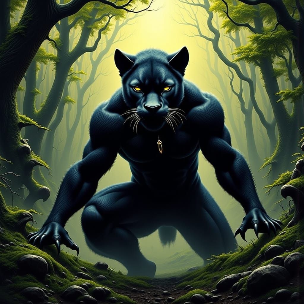 Black Panther Leaping in Jungle Environment