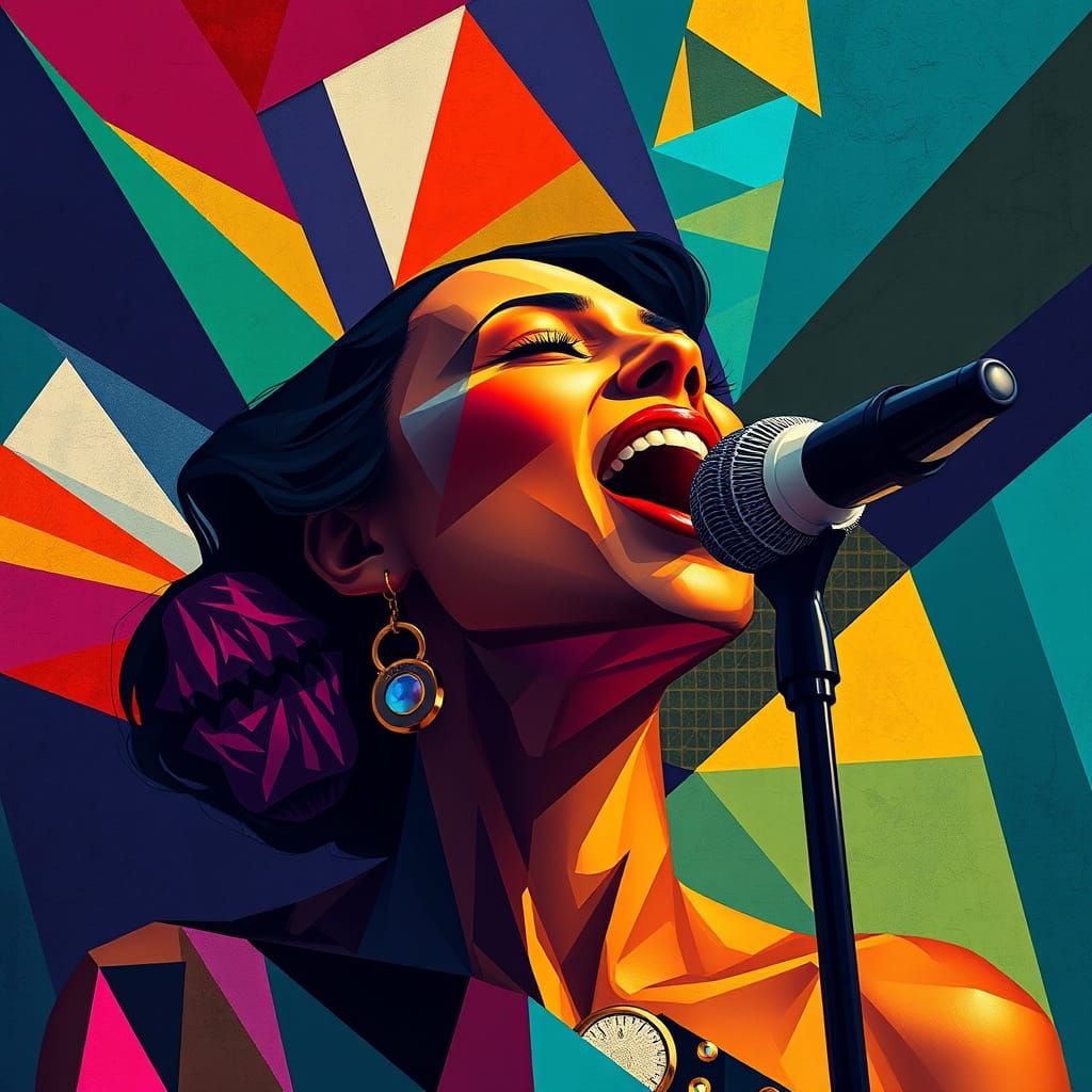 Vibrant Singer in Maximalist Cubist Art Deco Style