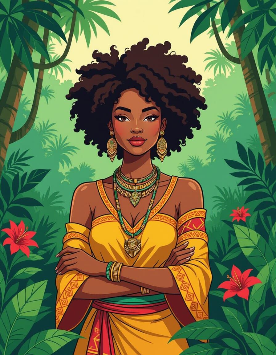 Bold Line Illustration of Afro Queen in Jungle