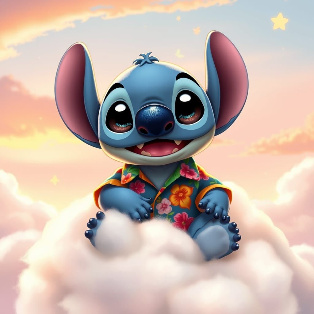 Charming Baby Stitch in Vibrant Hawaiian Shirt on Plush Clou...