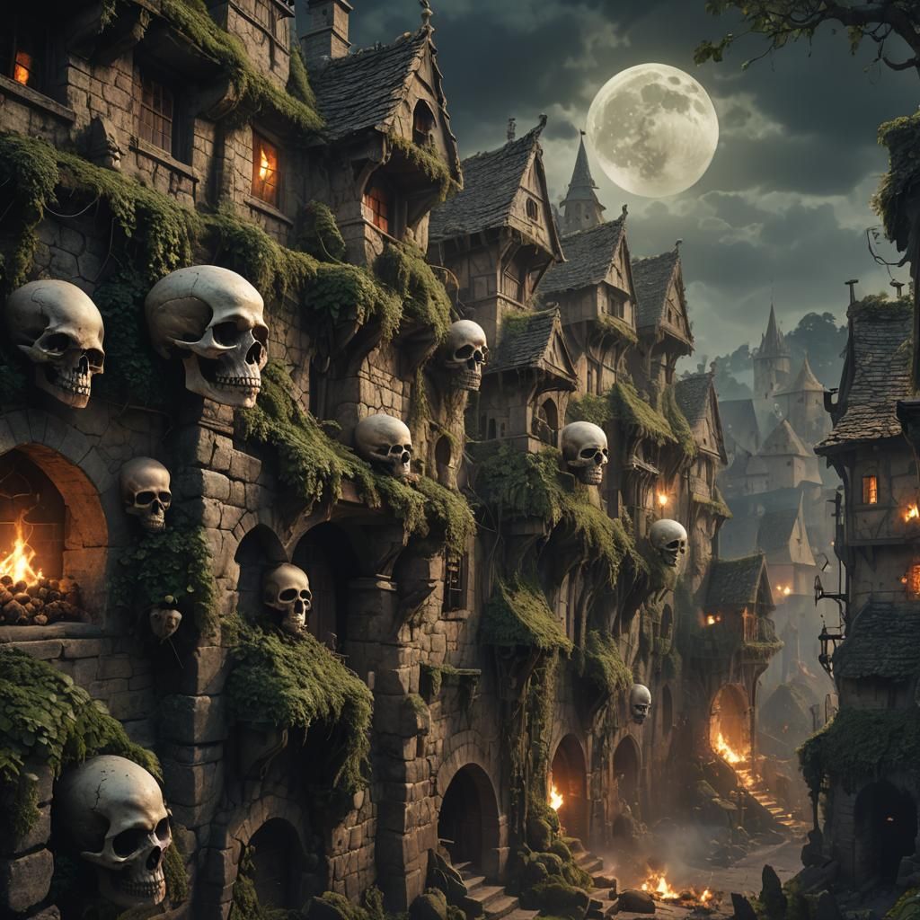 Dramatic Medieval Village Surrounded by Skull Wall