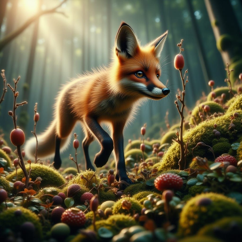 Fennec Fox Chasing Rabbit in Intricate Forest