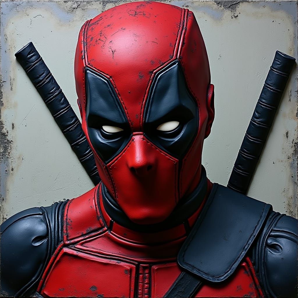 Deadpool Bas-Relief Sculpture in Grayscale Plaster