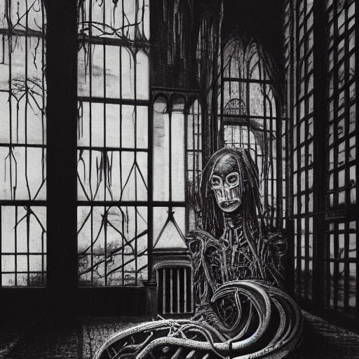 Goth Model With Biomechanical Creatures in Surreal Coffee Sh...