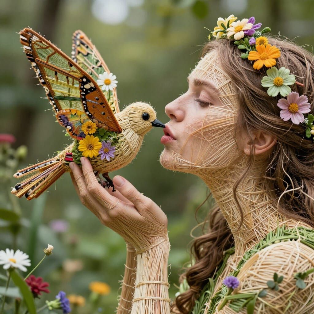 Woman of Strings and Butterfly Bird in Garden