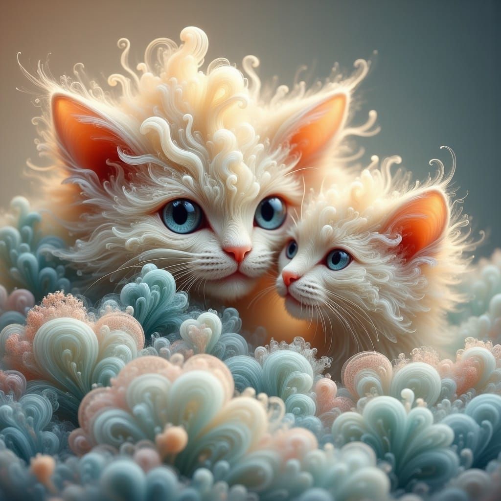 Ethereal Mother Cat and Kitten in Lace