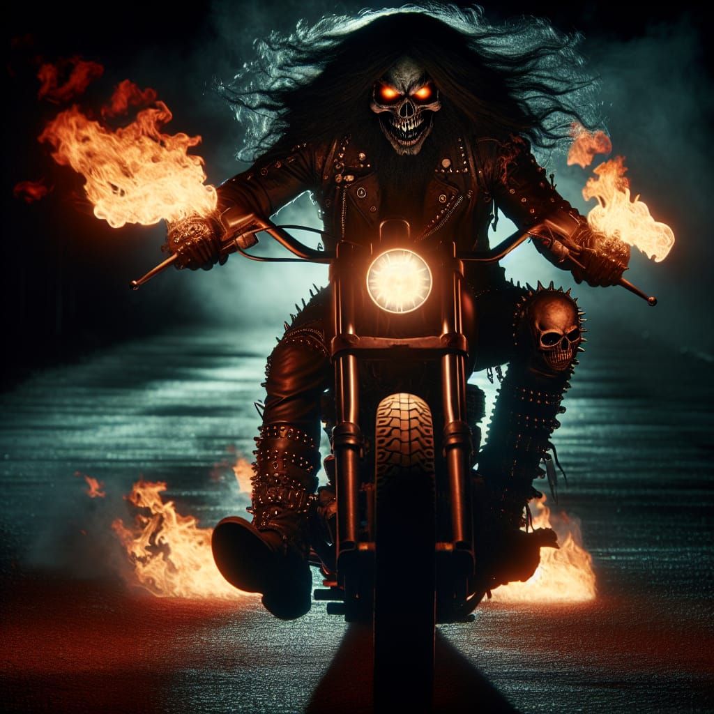 Terrifying Hispanic Biker on Fiery Motorcycle