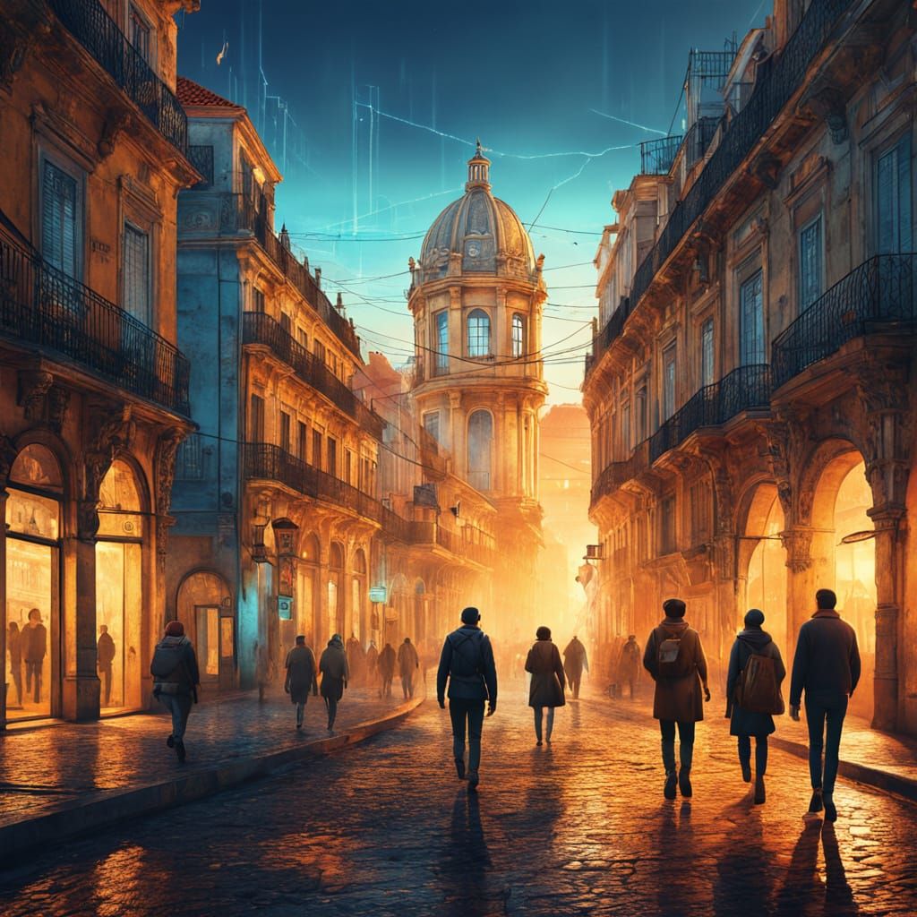 Time Travelers in Futuristic Lisbon: Vibrant Digital Art