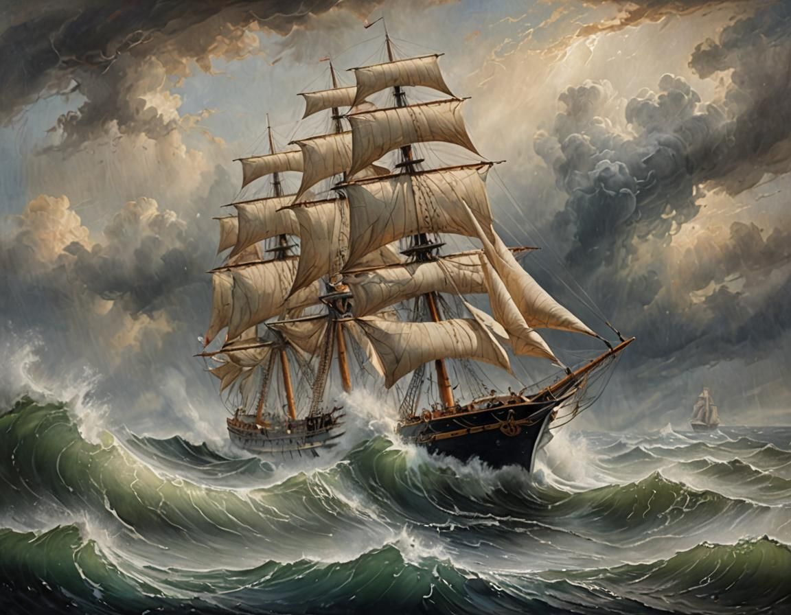 Clipper Ship Navigating Stormy Seas at Cape Horn