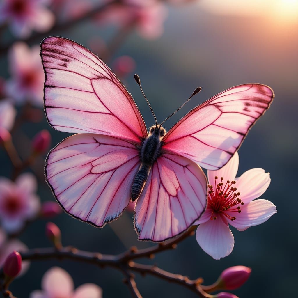 Pink Butterfly Camouflage in Watercolor Sakura Landscape