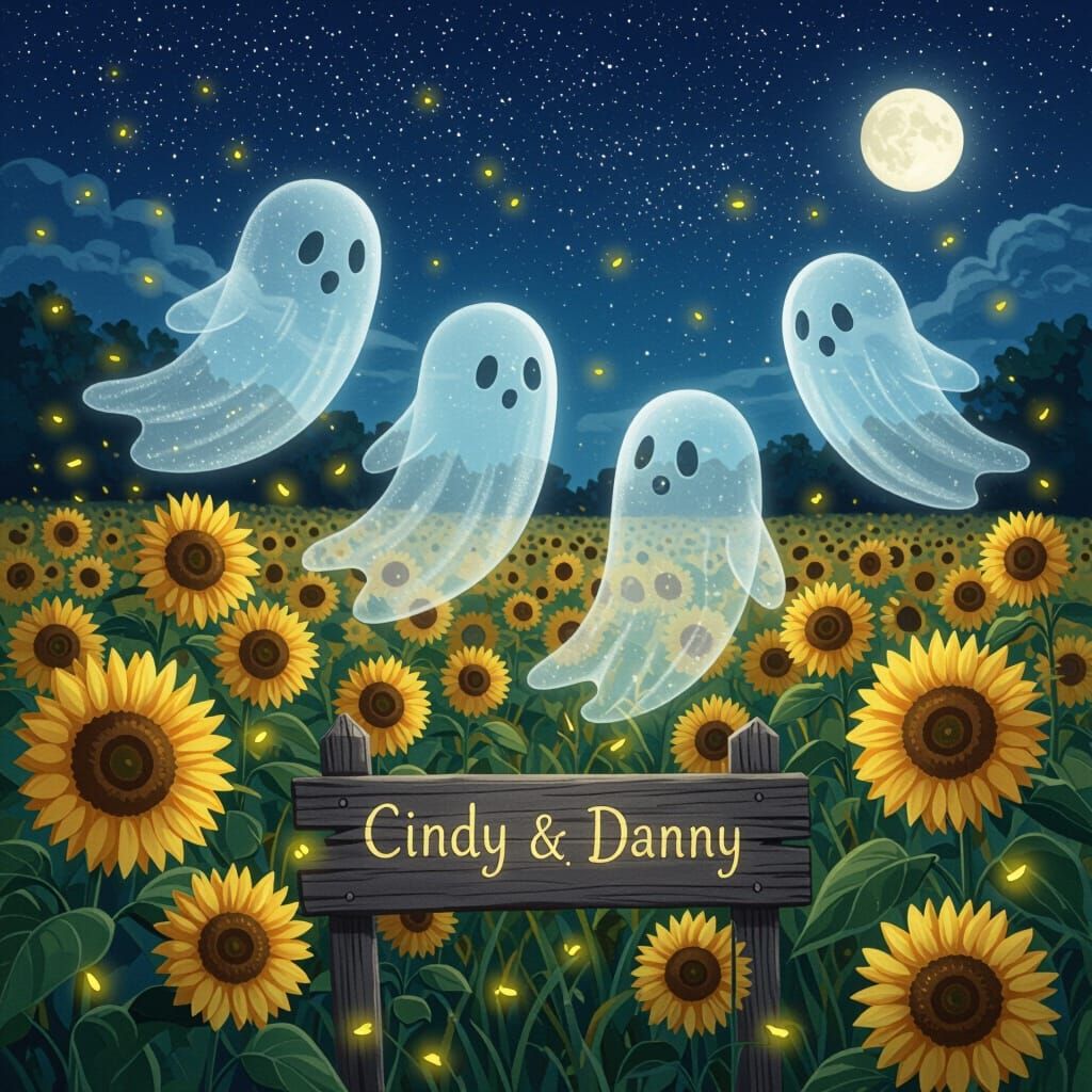 Ethereal Ghosts in Sunflower Field Under Starlit Sky