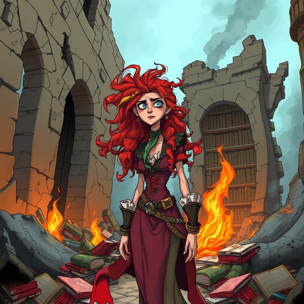 Frustrated Sorceress in Decimated Library, Eerie Elegance
