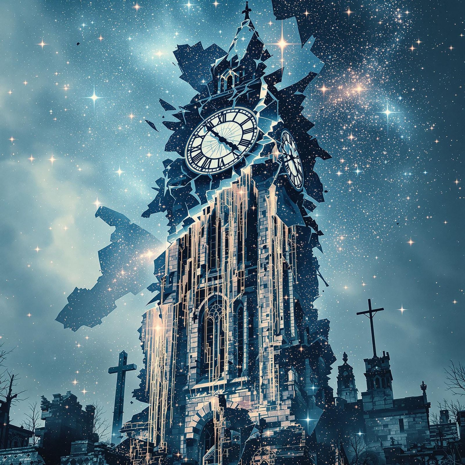 Cosmic Clock Tower Dissolves into Celestial Patterns