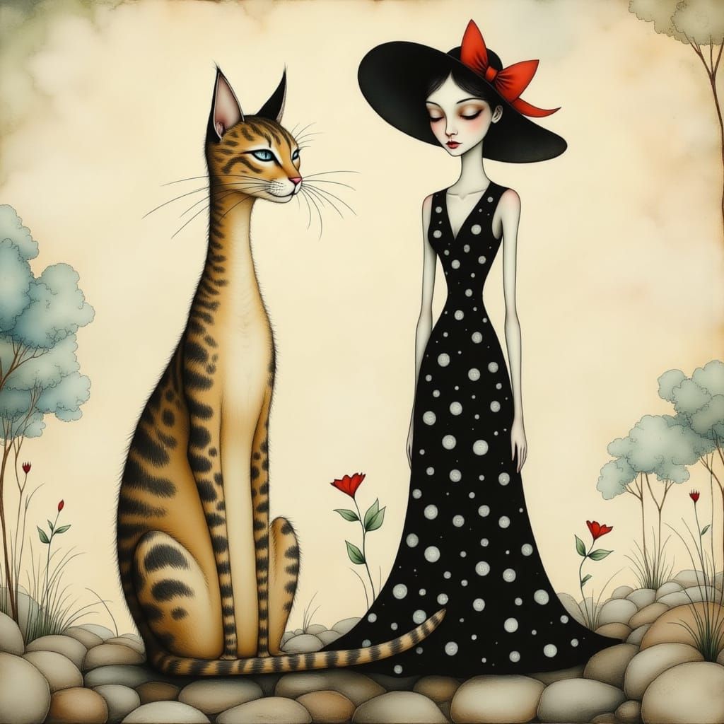 Elegant Cat and Woman in Whimsical Surrealist Art