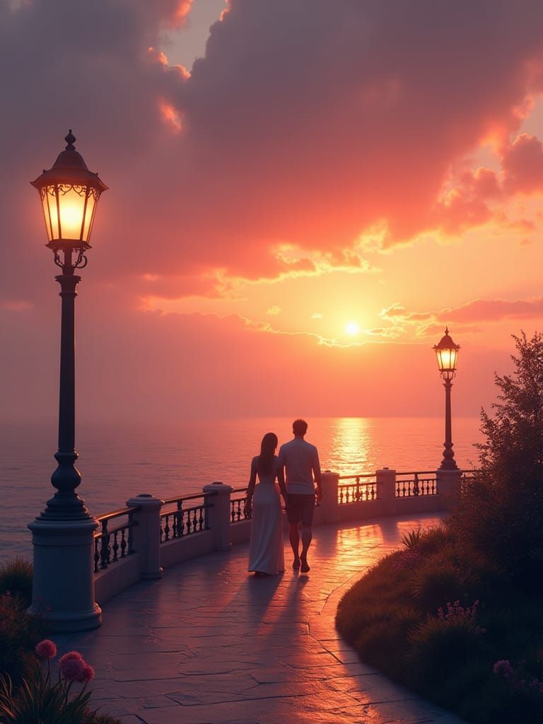 Romantic Seaside Walkway at Sunset: Fantasy Concept Art
