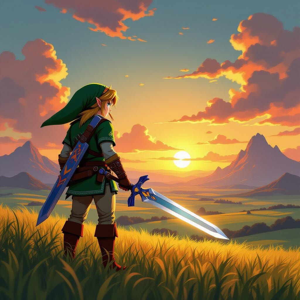 Link With Master Sword at Sunset in Hyrule Field