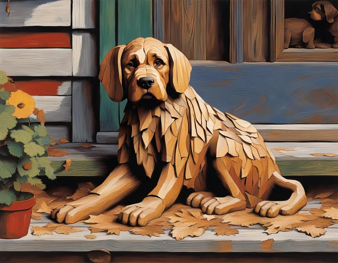 Hand-Carved Wooden Puppy in Expressionistic Style