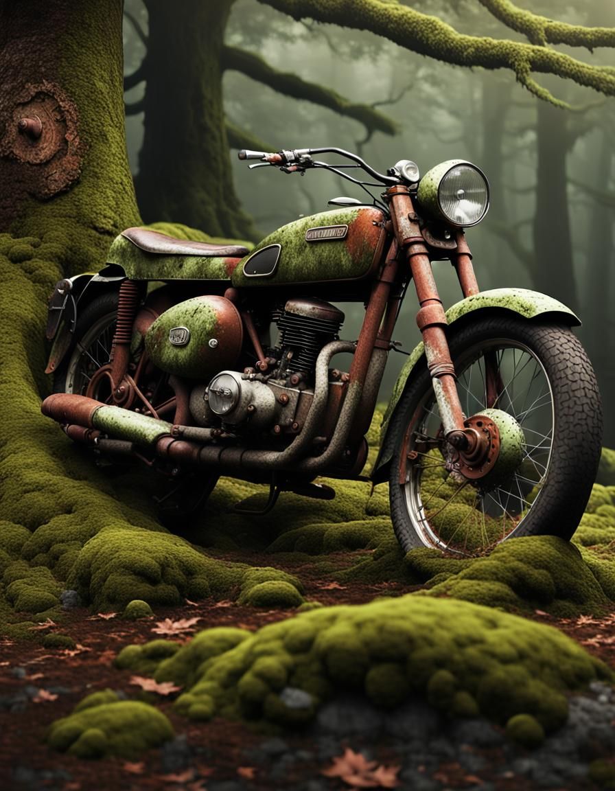 Moss-Covered Motorbike in Gloomy, Detailed 4D Rendering